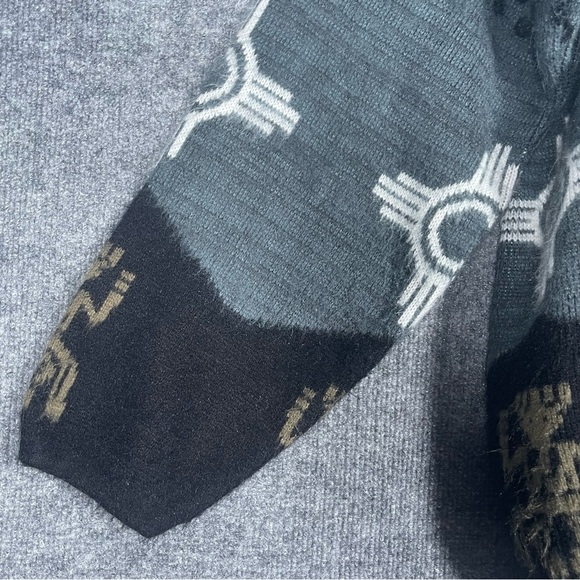 Vintage RUMINAHUI Men’s Large Blue Aztec Wool Button Hooded Cardigan Sweater - Picture 7 of 14